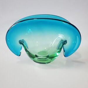 MCM Murano Sommerso? Art Glass Clam Shell Bowl Blue To Green Vase Dish VTG
